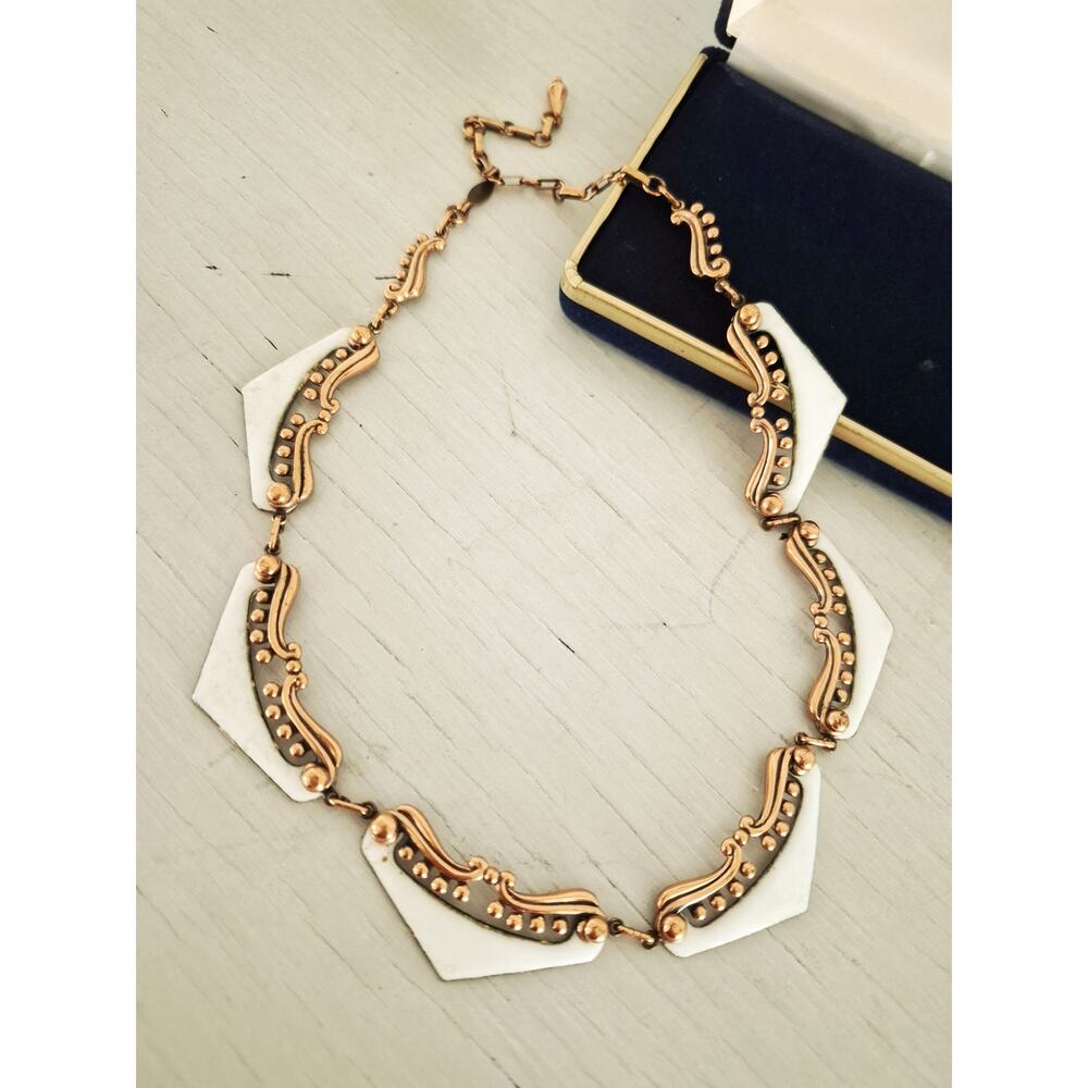 Vintage MCM Matisse Signed Copper White Enamel Atomic Necklace
